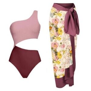 Flaxmaker One Shoulder Cutout Color Block One Piece Swimsuit and Cover Up